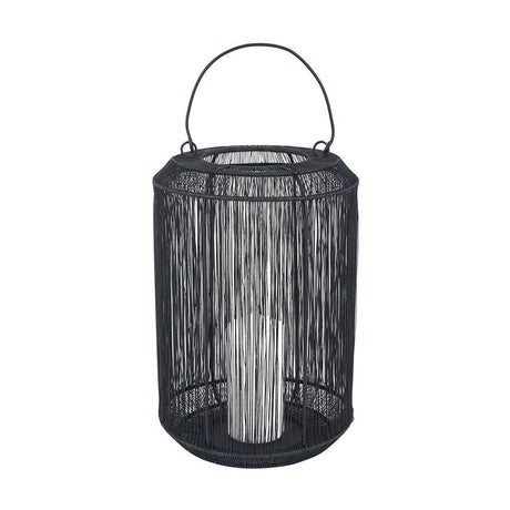Matt Black Iron Wire Medium Lantern, 34cm, with a cylindrical wire mesh body, arched carry handle, and glass candle holder insert, shown on a plain white background.