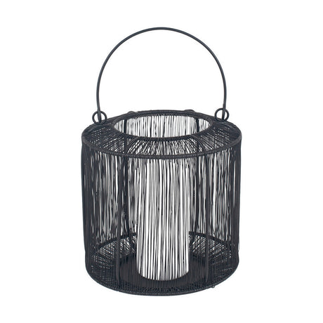 Matt Black Iron Wire Small Lantern, 20cm cylindrical candle holder with woven wire body, open top and curved handle, shown on a plain white background.