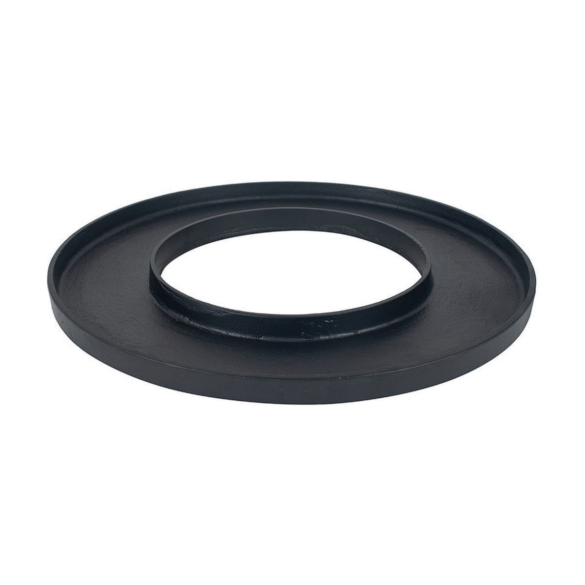 Matt black aluminium ring display platter, 54 x 54cm, a round tray with a wide flat rim and open centre, shown at an angle on a plain white background.