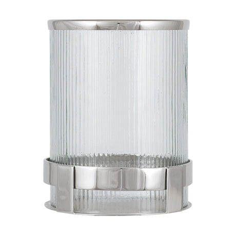 Silver Stainless Steel & Clear Textured Glass Hurricane Lamp, 21cm tall, with ribbed glass cylinder and metal rim and base, shown on a plain white background.