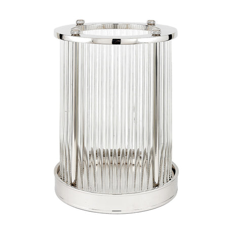 Silver stainless steel hurricane lamp, 33.5cm tall, with vertical clear glass rods forming a cylindrical body and a round base and top ring, shown on a plain white background.