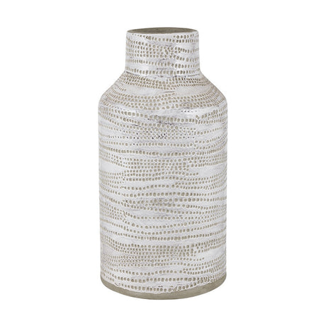 Alina Matt White Stoneware Dot Design Vase, 30cm, tall cylindrical shape with narrow neck, textured dot pattern in white and beige tones, shown on a plain white background.