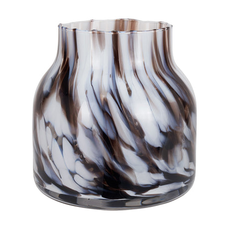 Brown and white tortoiseshell glass vase, 22cm, with fluted rim and wide ribbed body, shown against a plain white background.