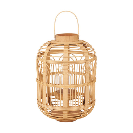 Natural Bamboo & Glass Small Lantern, 38cm tall, with woven cage design, arched wooden frame, top handle and glass candle insert, shown on a plain white background.