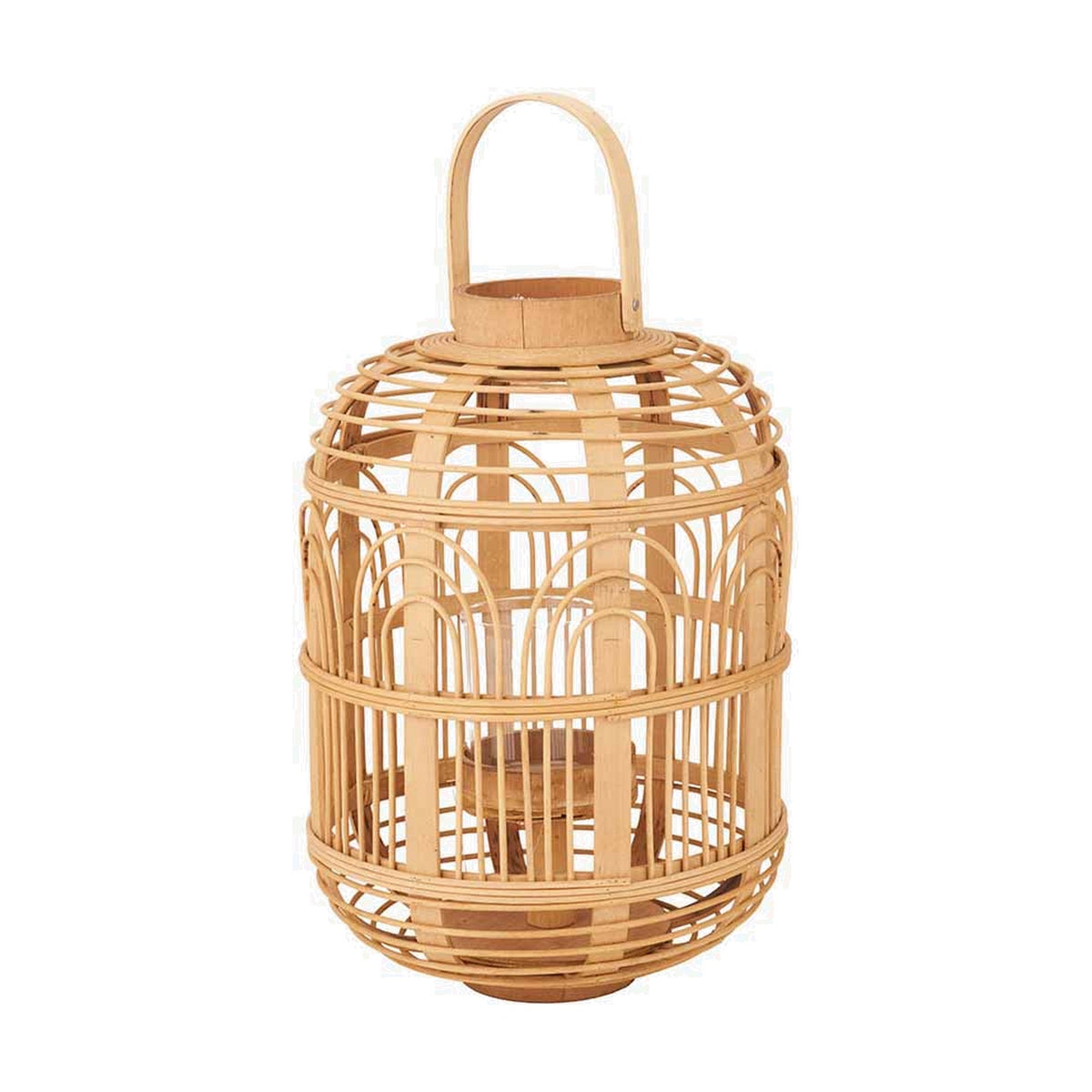 Natural Bamboo & Glass Small Lantern, 38cm, with domed woven cage design, arched top handle, and glass candle holder insert, shown on a plain white background.