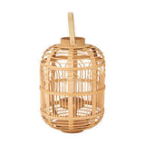 Natural Bamboo & Glass Small Lantern, 38cm, cylindrical woven bamboo cage design with arched details, curved carry handle, and glass candle insert, on a plain white background.