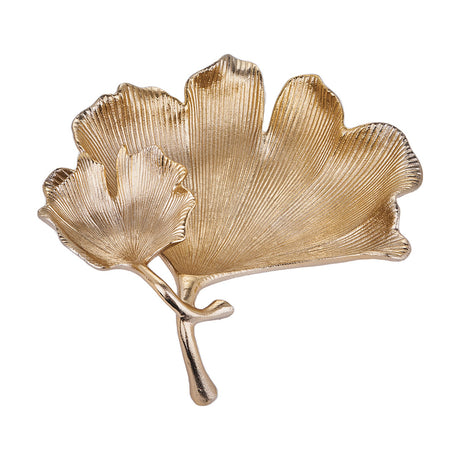 Gold Aluminium Dual Gingko Leaf Bowl, 37cm, shaped as two overlapping ginkgo leaves with ribbed detailing on a branch base, shown on a plain white background.