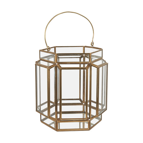 Shiny Brass & Glass Hexagon Wide Lantern, 28cm candle holder with clear glass panels and an arched carry handle, shown against a plain white background.