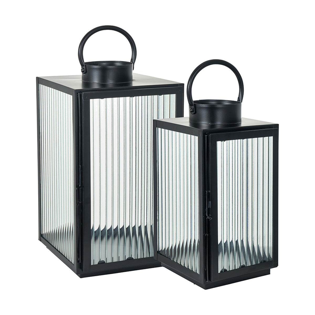 Set of 2 black iron lanterns with ribbed glass panels and curved carry handles, in two heights, on a plain white background.