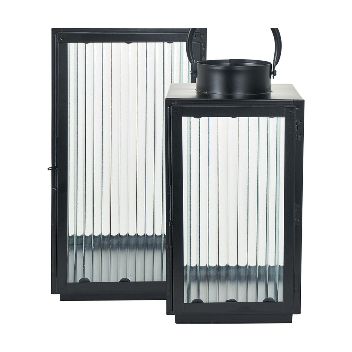 Set of two black iron candle lanterns with ribbed glass panels and domed carry handles, shown in varying heights on a white background.