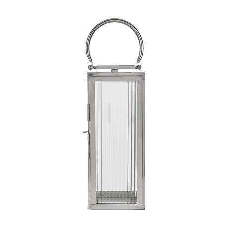 Silver stainless steel small lantern with ribbed glass panels and a curved top handle, shown on a plain white background.