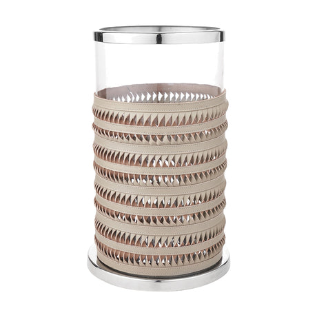 Large hurricane lamp with a clear glass cylinder and chrome rim, wrapped in a woven grey leather sleeve on a round chrome base, shown on a plain white background.