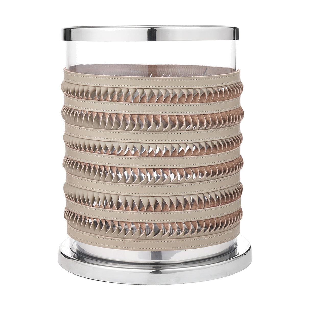 Silver Metal, Clear Glass & Grey Plaited Leather Small Hurricane Lamp