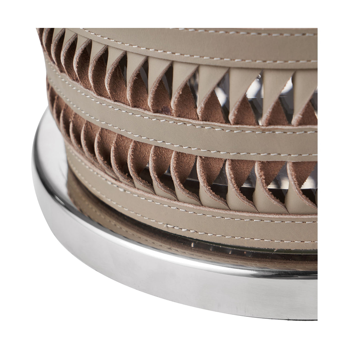 Silver Metal, Clear Glass & Grey Plaited Leather Small Hurricane Lamp