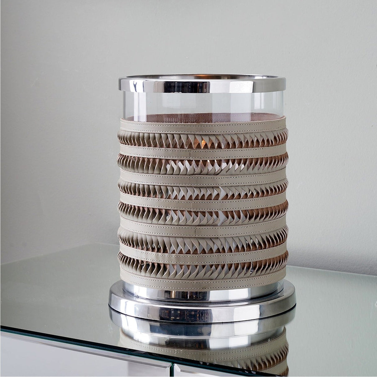 Silver Metal, Clear Glass & Grey Plaited Leather Small Hurricane Lamp
