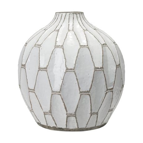 Gaudi White Stoneware Geometric Design Vase, 20cm, a bulbous ceramic vase with a honeycomb tile pattern in white with grey grout lines, shown on a plain white background.