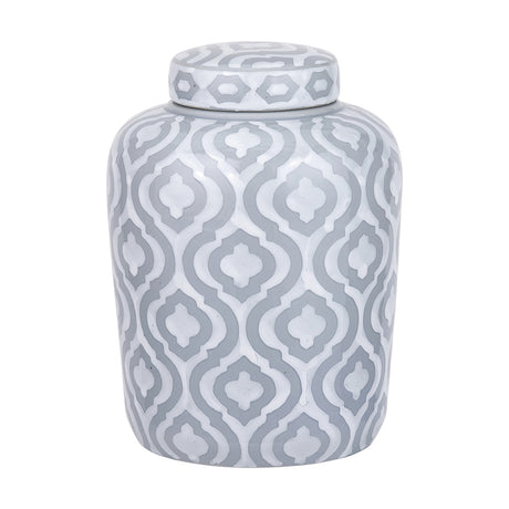 Celia Grey & White Ceramic Geo Pattern Lidded Ginger Jar, 25cm, with a domed lid and repeating quatrefoil design, shown against a plain white background.