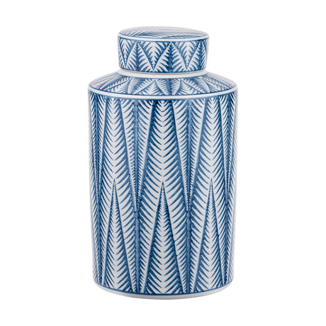 Samara Blue & White Ceramic Aztec Design Lidded Ginger Jar, 28cm, with an all-over chevron leaf pattern and domed lid, shown on a plain white background.