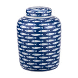 Schoal Blue & White Ceramic Fish Detail Lidded Ginger Jar - 26cm