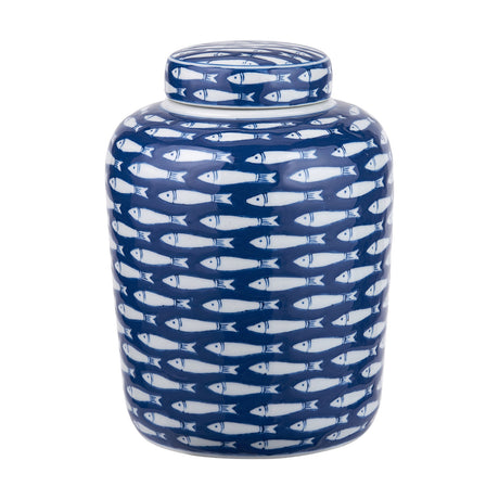 Schoal Blue & White Ceramic Fish Detail Lidded Ginger Jar, 26cm, with an allover white fish pattern on deep blue ceramic, domed lid, shown on a plain white background.