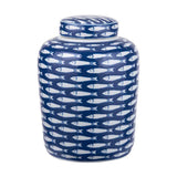 Schoal Blue & White Ceramic Fish Detail Lidded Ginger Jar - 26cm