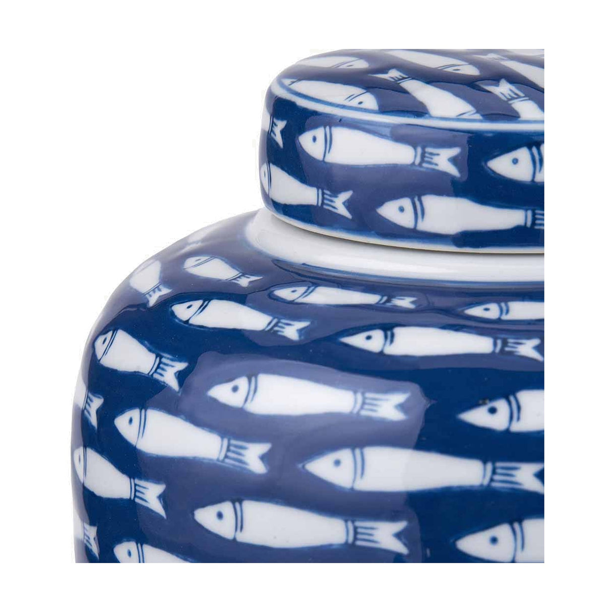 Schoal Blue & White Ceramic Fish Detail Lidded Ginger Jar - 26cm