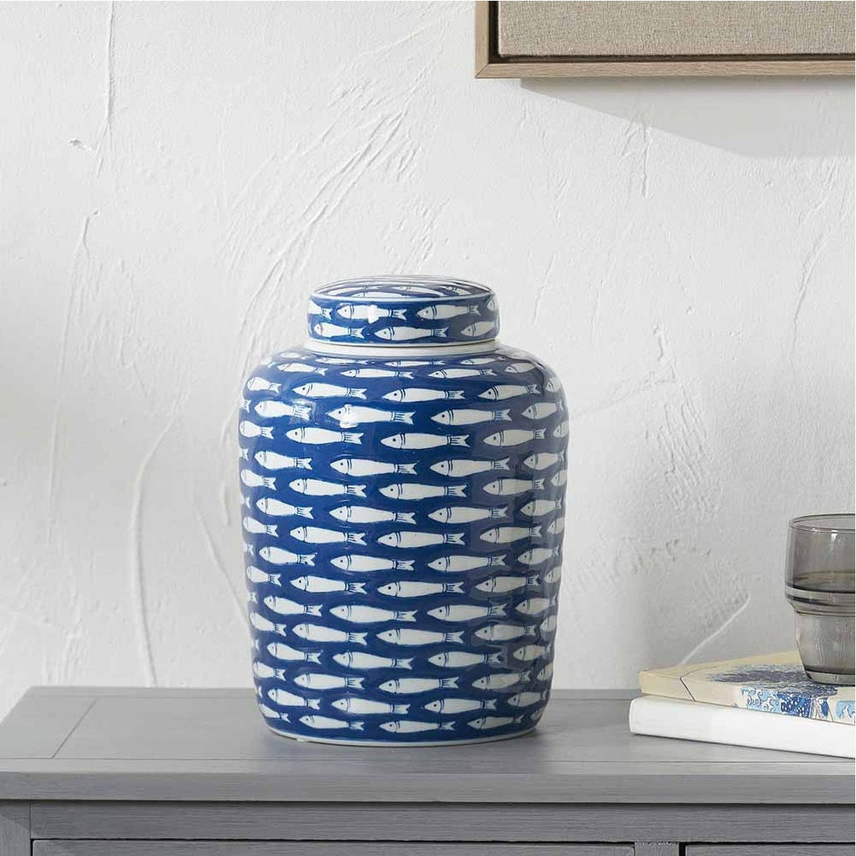 Schoal Blue & White Ceramic Fish Detail Lidded Ginger Jar - 26cm