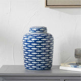 Schoal Blue & White Ceramic Fish Detail Lidded Ginger Jar - 26cm