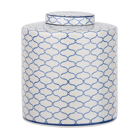Demetri lidded ginger jar, 24cm ceramic vase in white with a blue trellis pattern and matching knobbed lid, shown on a plain white background.