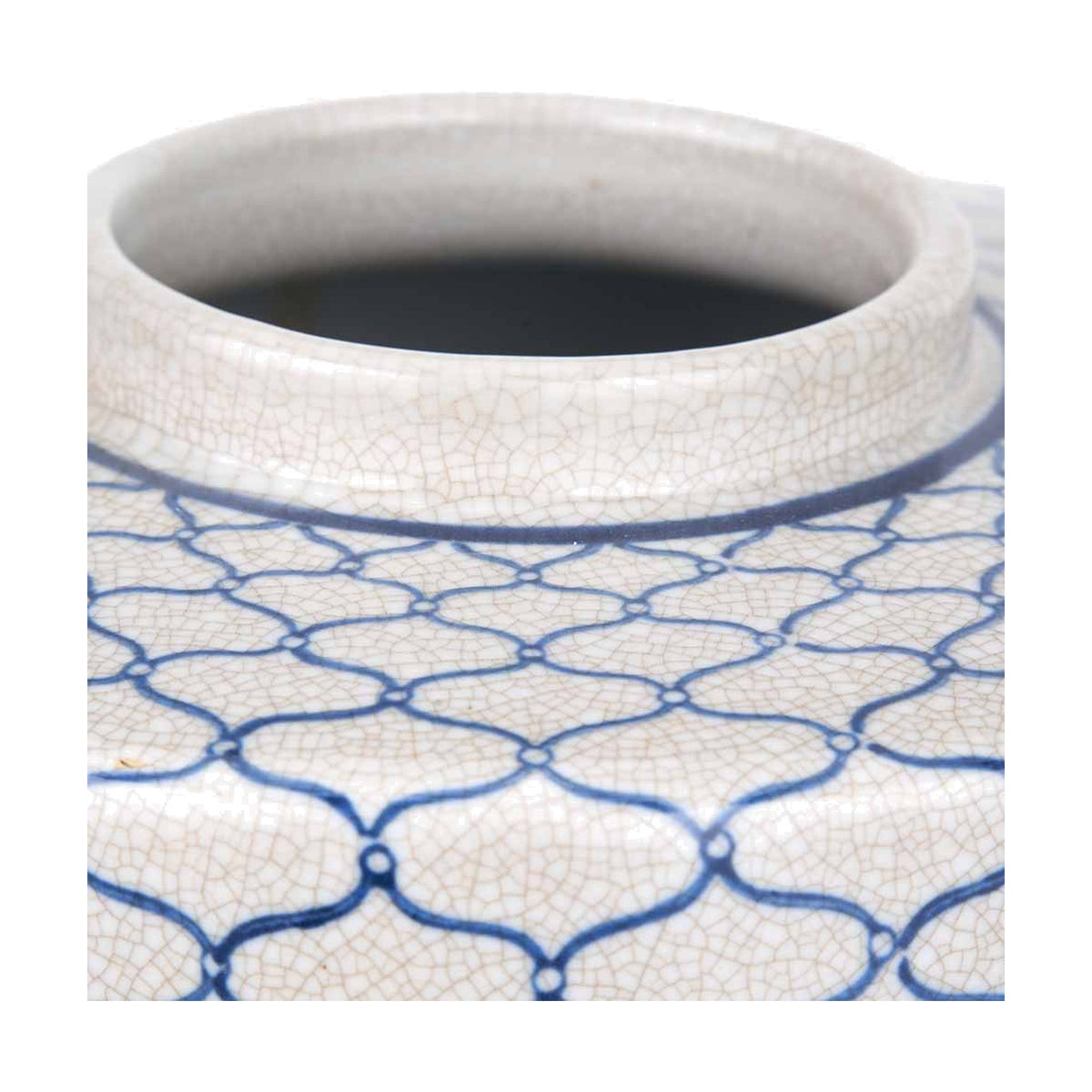 Close-up of the Demetri Grey & Blue Ceramic Lidded Ginger Jar showing the open rim and crackled glaze with a blue trellis pattern on white.