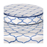 Close-up of the Demetri ceramic lidded ginger jar, 24cm, showing crackle-glazed white surface with blue trellis pattern and lid rim detail.