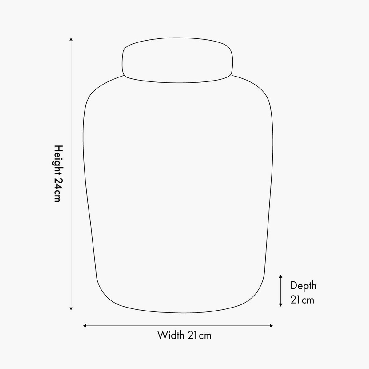 Line drawing of the Demetri Grey & Blue Ceramic Lidded Ginger Jar showing its rounded body and domed lid with dimensions labelled: 24cm height, 21cm width, 21cm depth.