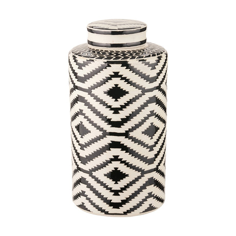 Chirala lidded ginger jar, 35cm, in black and white ceramic with an Aztec-style geometric pattern, cylindrical body and domed lid, shown on a plain white background.