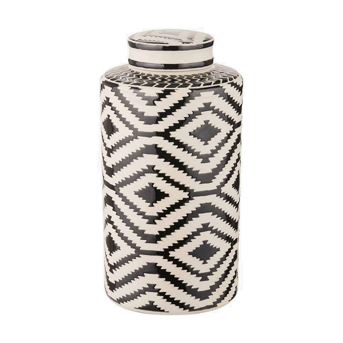 Chirala Black & White Ceramic Aztec Design Lidded Ginger Jar, 35cm, featuring a bold geometric diamond pattern and domed lid, shown on a plain white background.