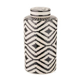 Chirala Black & White Ceramic Aztec Design Lidded Ginger Jar, 35cm, featuring a bold geometric diamond pattern and domed lid, shown on a plain white background.