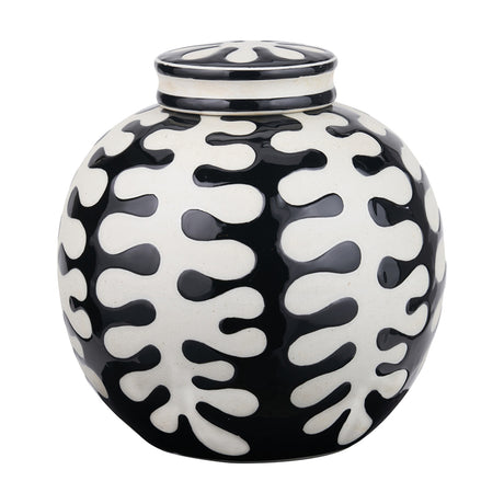 Elkorn Black & White Ceramic Coral Design Lidded Ginger Jar, 20cm, round body with wavy coral-pattern glaze and domed lid, shown on a plain white background.