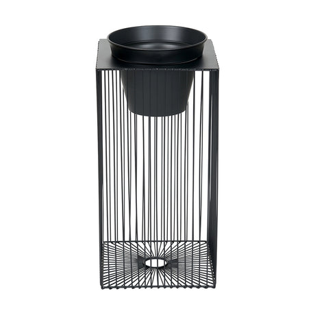Black Iron Strut Planter, 54cm, with a tall square wire-frame metal base in matte black and a round black plastic pot insert, shown on a plain white background.