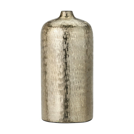 Gold aluminium hammered vase, 38cm tall, cylindrical shape with narrow neck and textured crosshatch finish, shown on a plain white background.