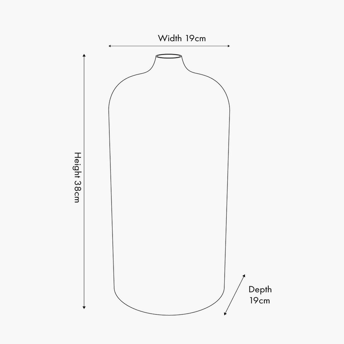 Line drawing of the Gold Aluminium Hammered Vase showing a tall bottle-shaped silhouette with narrow neck, labelled 38cm height, 19cm width and 19cm depth on a plain background.