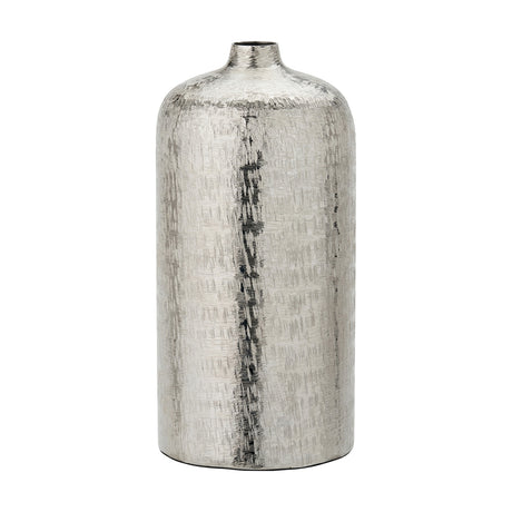 Silver Aluminium Hammered Vase, 38cm tall, tall cylindrical shape with narrow neck and textured hammered finish, shown on a plain white background.