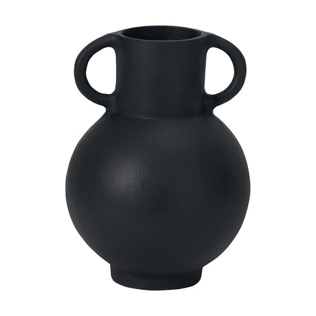 Matt Black Aluminium Vase with Handles, 24cm, featuring a rounded body, two loop side handles, and a narrow neck, set against a plain white background.