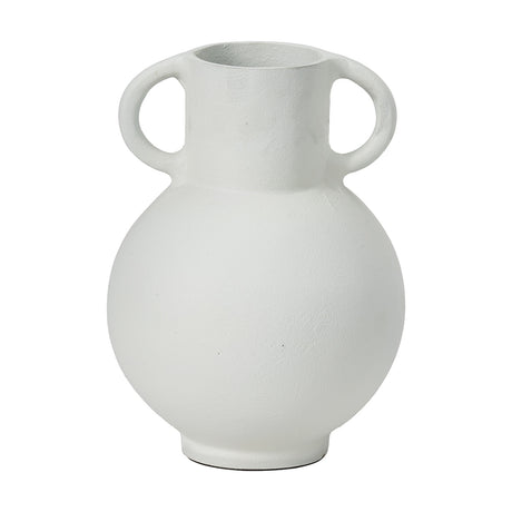 Matt white aluminium vase, 24cm, with two loop handles and a round bulbous body on a plain white background.