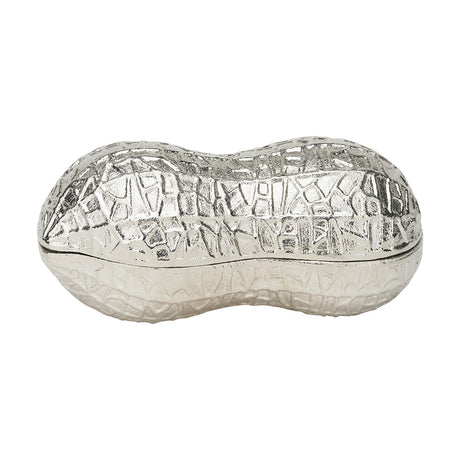 Silver aluminium peanut-shaped lidded trinket bowl, 22cm wide, with a textured crackled finish, shown on a plain white background.