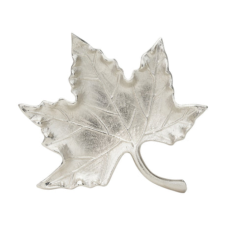 Silver Aluminium Leaf Bowl, 28cm wide, shaped like a maple leaf with embossed vein detailing and a curved stem handle, on a plain white background.