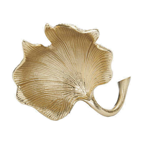 Gold aluminium trinket bowl shaped like a gingko leaf with ridged vein detailing and a curved hook-like base, 17cm wide, shown on a plain white background.