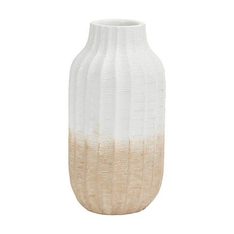 Amalia Natural & White Stoneware Textured Vase, 30cm tall with ribbed sides, white upper half and natural stoneware base, shown on a plain white background.