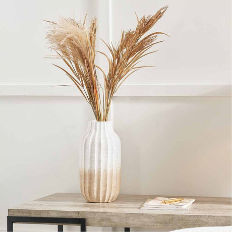 Amalia Natural & White Stoneware Textured Vase, 30cm, ribbed ceramic with ombre finish, holding dried pampas grass on a wooden console table.
