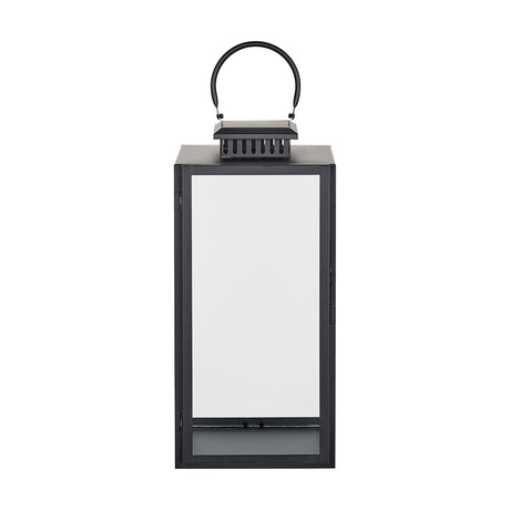 Black stainless steel and glass rectangular lantern, 48cm tall, with arched top handle and clear glass panels, shown on a plain white background.