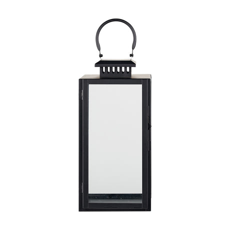 Black stainless steel and glass rectangular lantern, 39cm tall, with arched top handle and clear glass panels, shown on a plain white background.