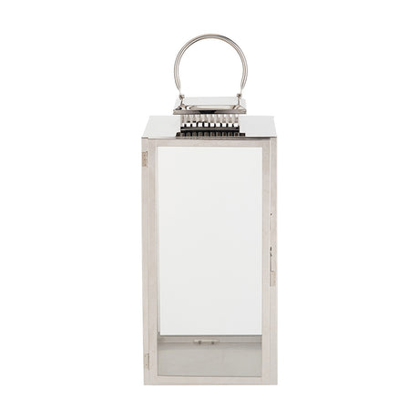 Silver stainless steel and glass rectangular candle lantern, 48cm tall, with arched top handle and clear glass panels, shown on a plain white background.